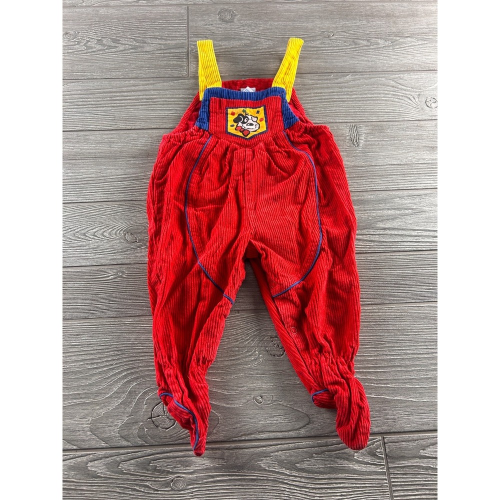 Vintage 6-9M Baby Red Corduroy Footie Overalls Puppy Patch 80s One Piece